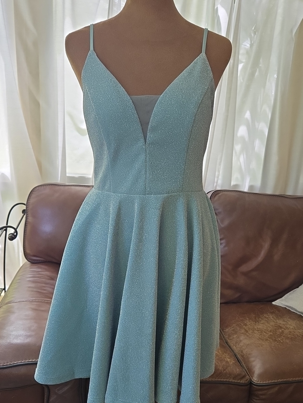 Sleeveless Sparkle V-Neck A-Line Dress in Turquoise